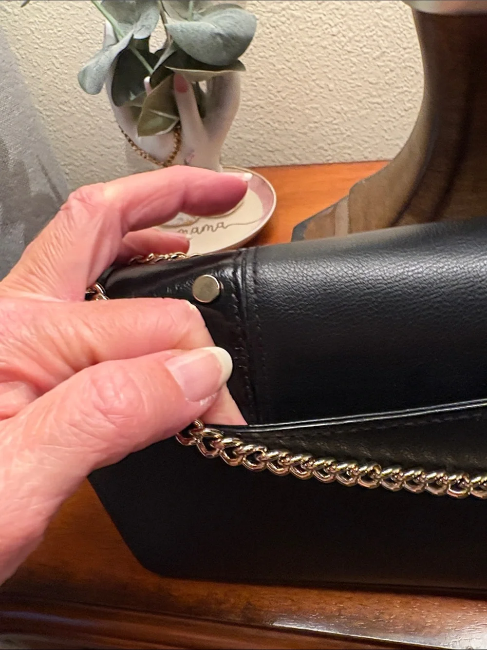 V-Emblem Black Leather Crossbody Bag with Red Plaid Cardholder